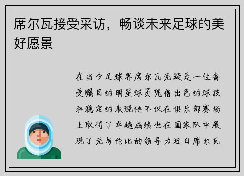 席尔瓦接受采访，畅谈未来足球的美好愿景