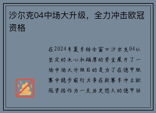 沙尔克04中场大升级，全力冲击欧冠资格